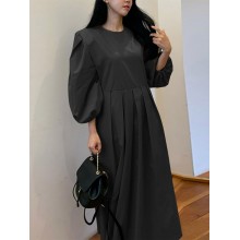 Pleat Solid Puff Sleeve Round Neck Midi Dress