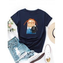 Women Cartoon Figure   Animal Graphic Round Neck Casual Short Sleeve T  Shirts