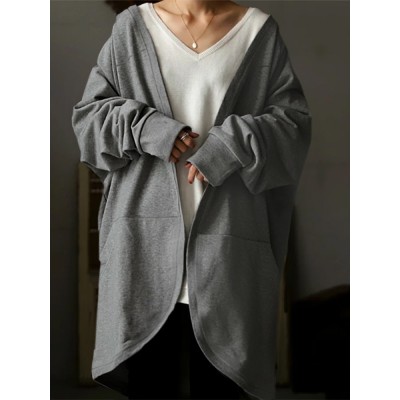 Women Cropped Knitted Pure Color Casual Retro Daily V  Neck Big Pocket Cardigan