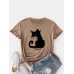 Women Cartoon Cat Print Round Neck Casual Short Sleeve T  Shirts